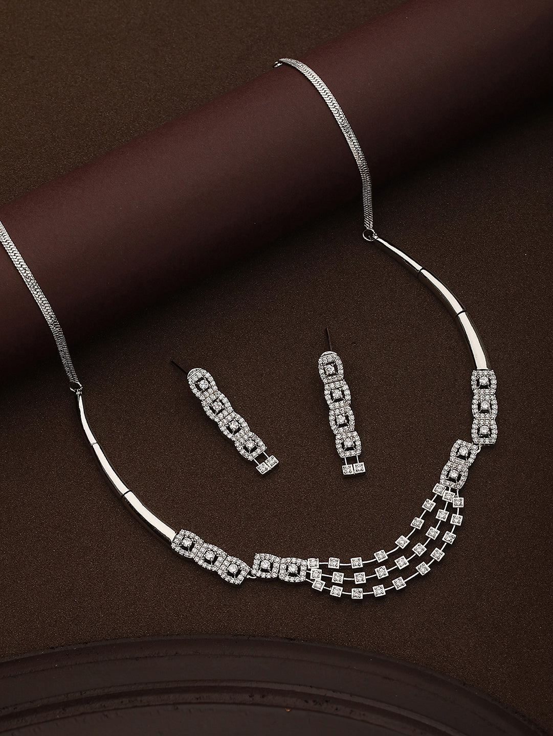 Silver Toned AD Studded layered Necklace jewellery Set